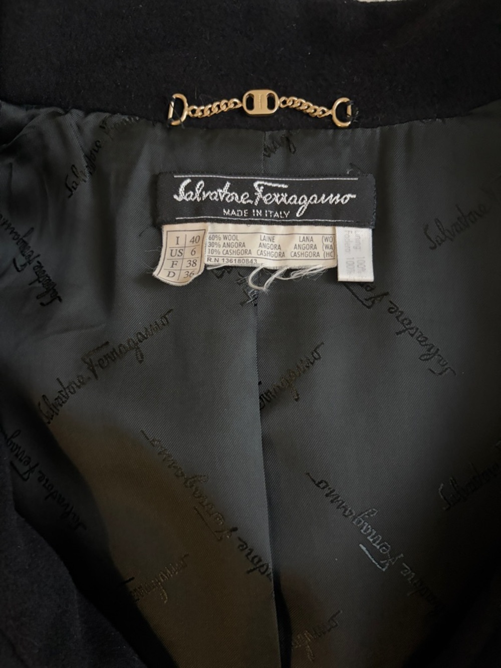 Salvatore Ferragamo Black Wool-Angora Coat with Gold Tone Hardware